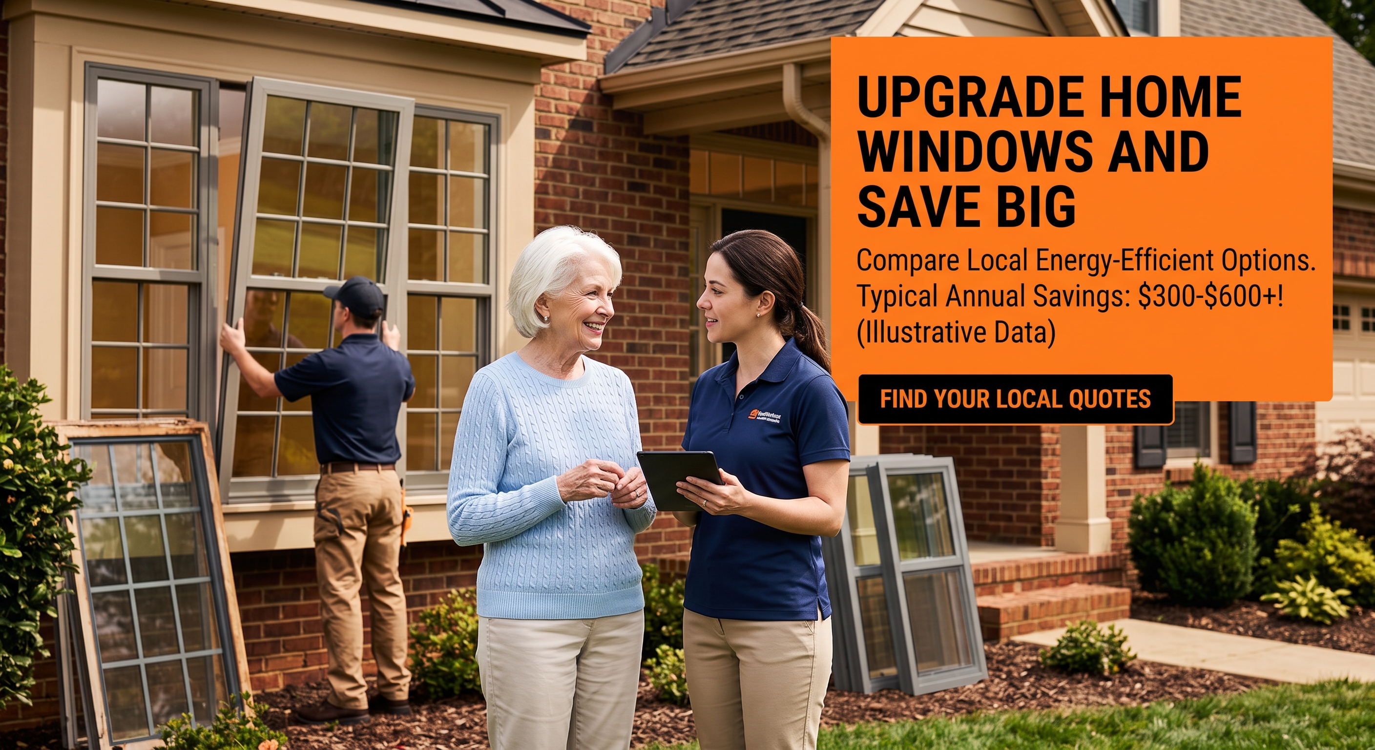 Illustrative window-upgrade graphic. Savings figures on the artwork are examples only.